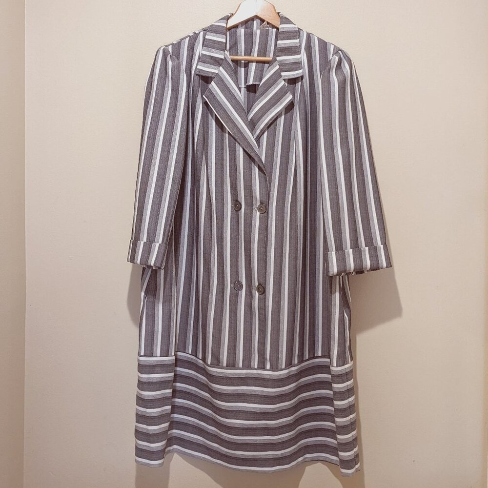 Vintage 80s Double-Breasted Striped Drop-Waist Dress – Made in USA – Size L